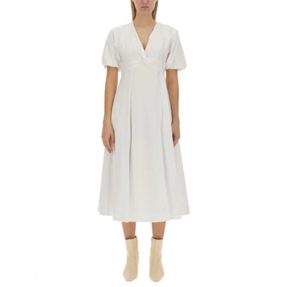 STAUD Finely Twisted Front Midi Dress Classic White V-Neck Puff Sleeve, Size 8 - Picture 14 of 14